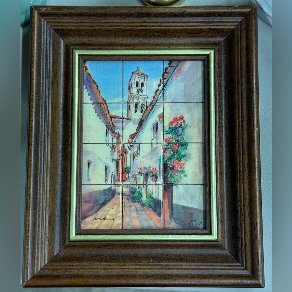 🦅Vintage Signed RUZ Painted Tile Art Harbella Made in Spain Framed
